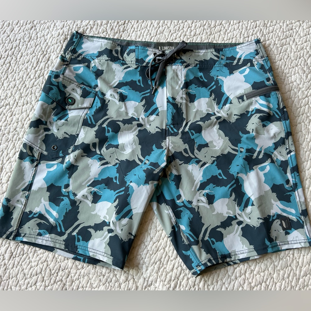 Men's Linksoul Board Shorts Camo Goat Logo Beach Surf Hybrid Cargo Swim Size‎ 35